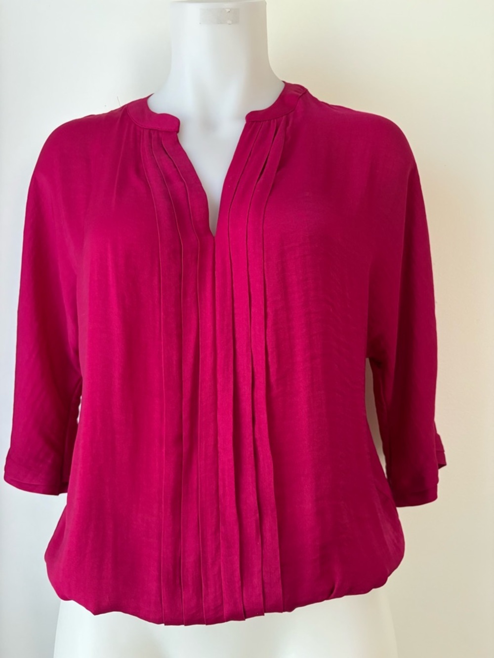 Ana sz S Women's Pleated Front Blouse Fuschia, 3/4 sleeves, elastic waist